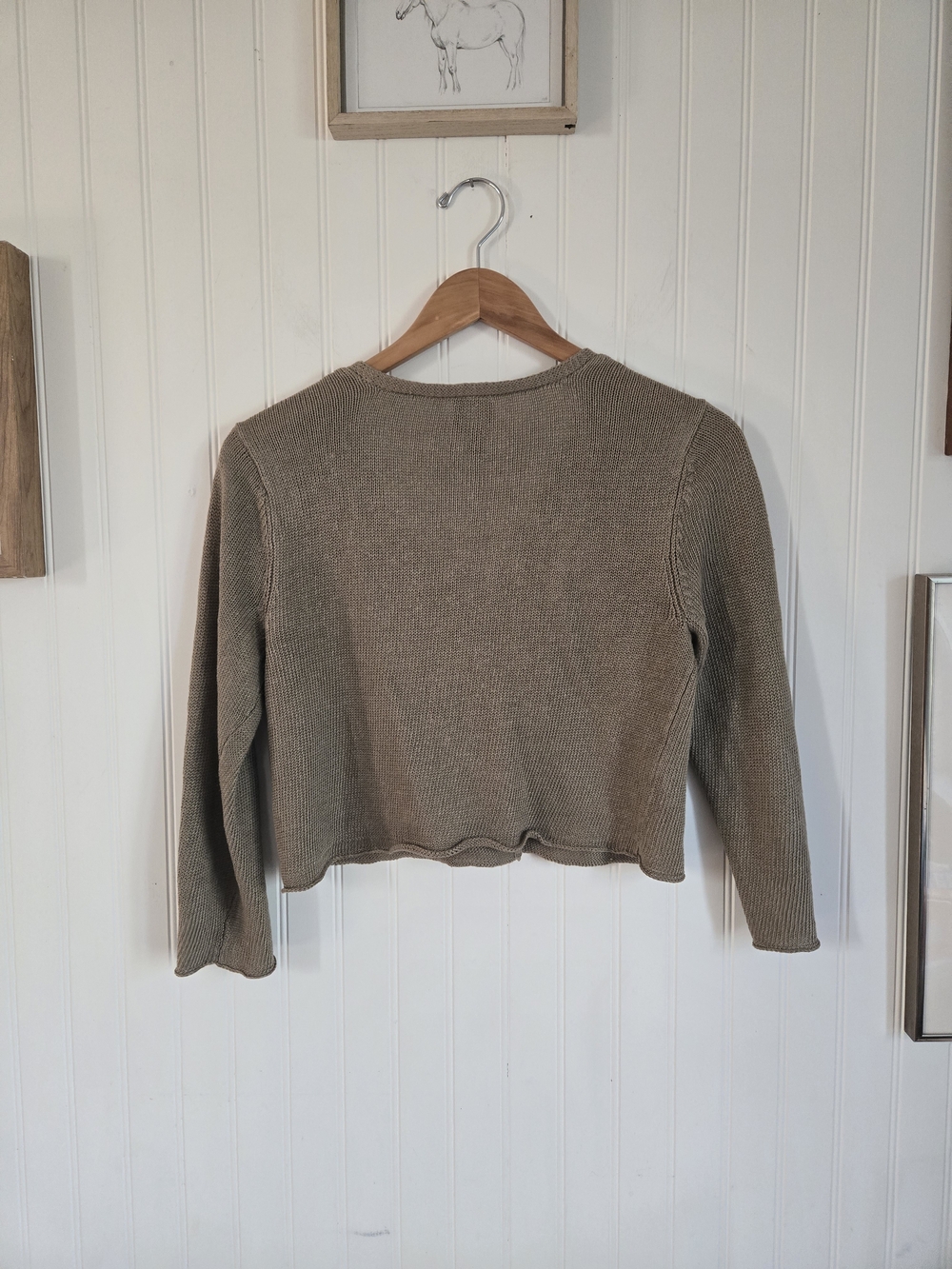 Eileen Fisher Linen Knit Taupe V-Neck Button Front Cropped Sweater - Picture 7 of 9